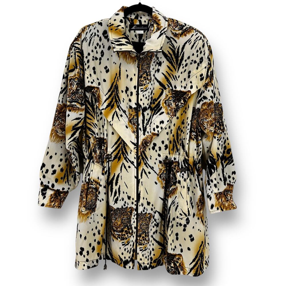 Vtg Ocean Accents Tiger Lion Animal Print Polyester Jacket Womens Size Large